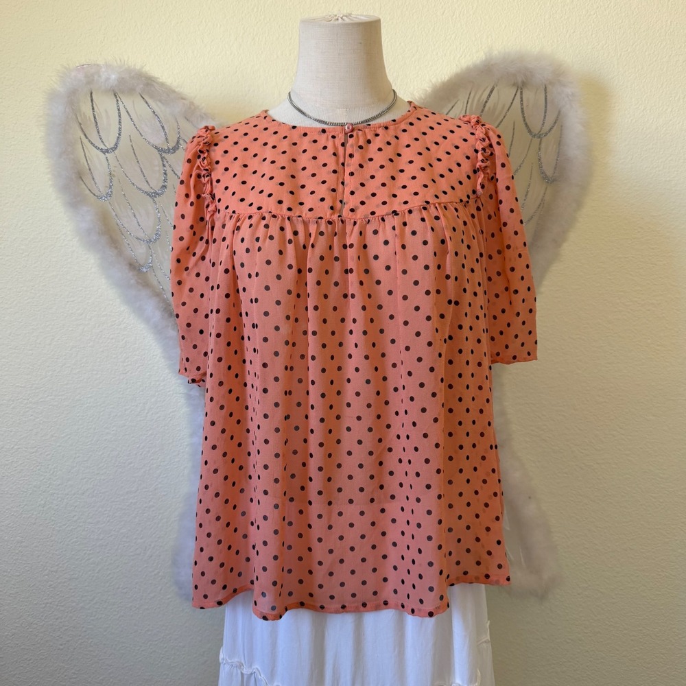 Whimsy Twee Bright Colorful Polka Dot Flutter Sleeve Blouse Babydoll Flowy Cute